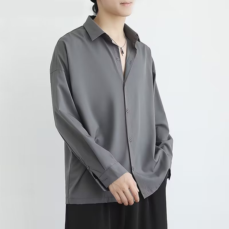 Summer thin ice silk shirt men's long-sleeved street fashion high-grade ruffle handsome shirt men's casual loose draping fashion