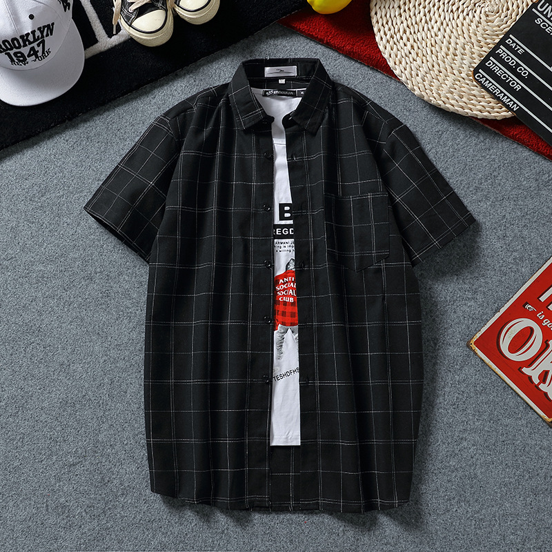 Korean men's plaid short sleeve shirt youth summer leisure Hong Kong style fashion slim fit top a generation of hair