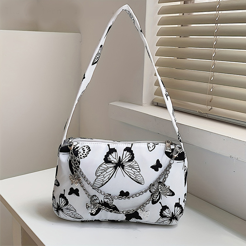 Trendy Zipper Shoulder Bag Mini Fashion Butterfly Pattern Underarm Bag Small Stylish Chain Decor Purse