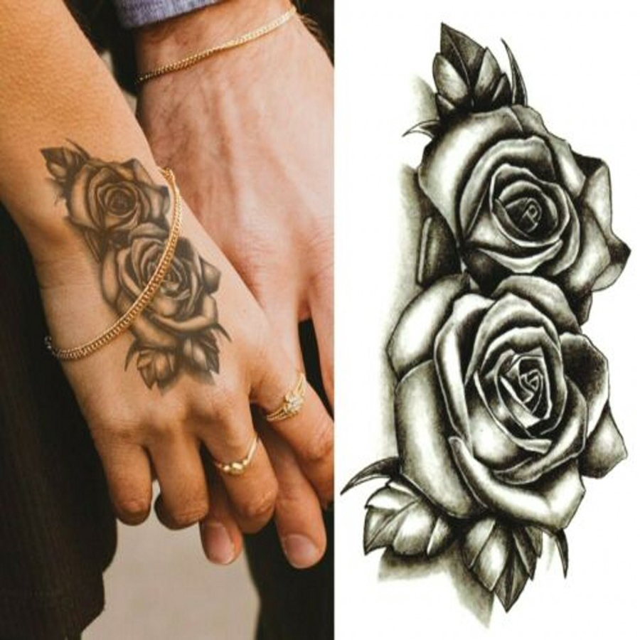 Temporary Tattoo Black Flower Water Transfer Tatoo Sticker Rose Body Art Waterproof Long Lasting
