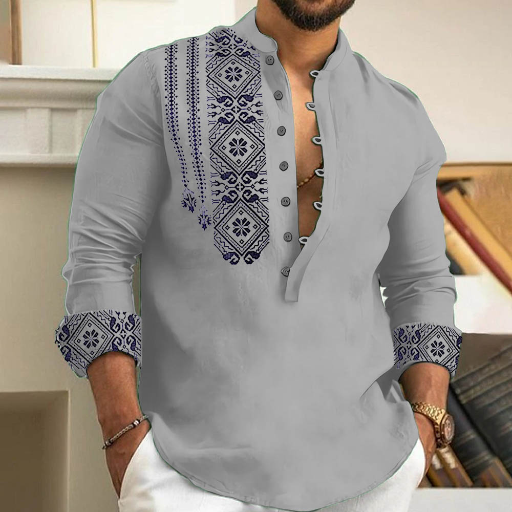 2023 Spring and Autumn Fashion Casual Men Long Sleeve Button-Down Shirt Blouse Loose Henley V-Neck Beach Tops T Shirts As a gift
