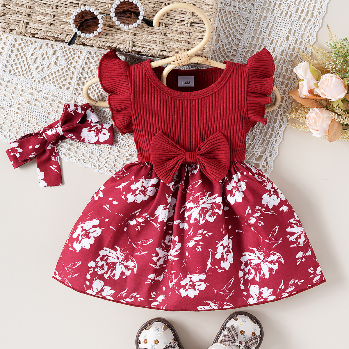 Floral Striped Little Flying Sleeves Cute Bow Dress with Headscarf for Babies and Girls
