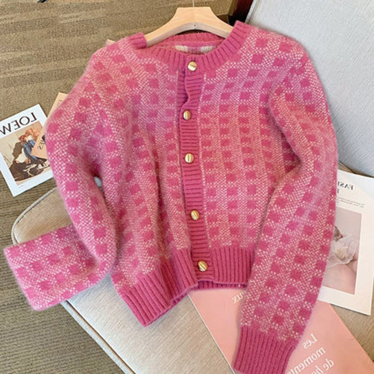 Autumn Spring Sweet Plaid Print Single-breasted Cropped Sweater Korean Slim Long Sleeves Kawaii Pink Sweater New Knitted Sweater